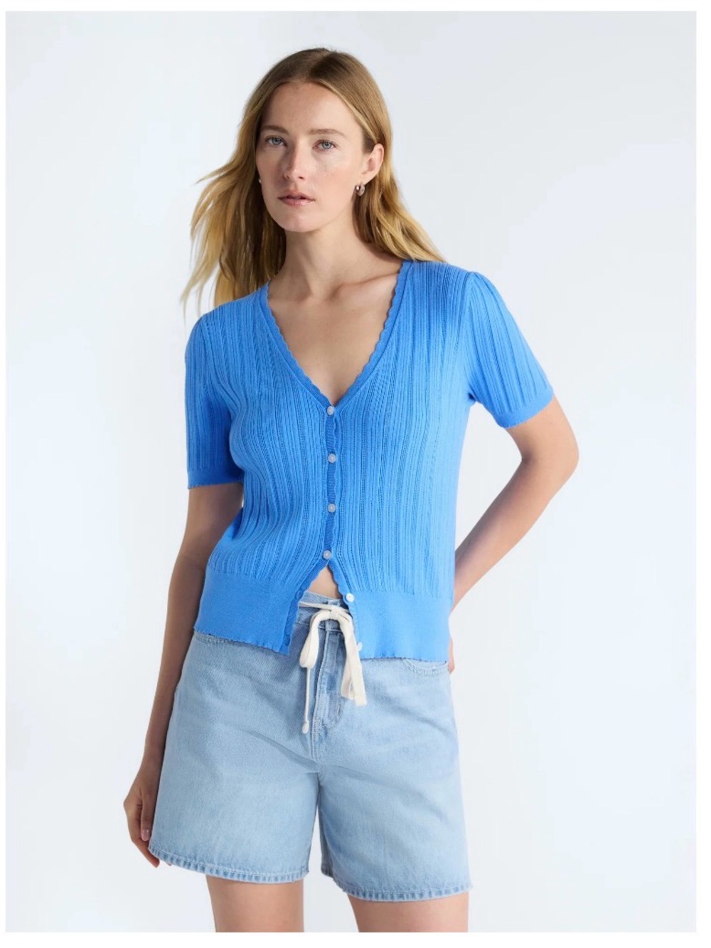 Free Assembly Women’s Pointelle Cardigan Sweater with Short Sleeves